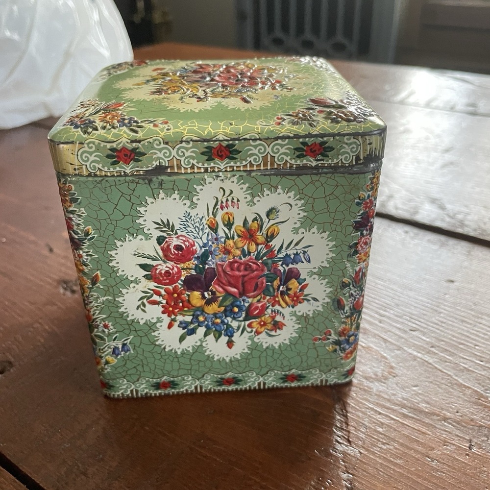Vintage Floral Tin/Canister, Floral Chic Tin Box Container, Made in Holland 4x4"
